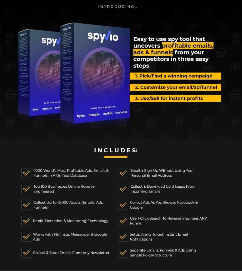 SPYVIO: Easy to use spy tool that uncovers profitable emails, ads & funnels from your competitors in three easy steps